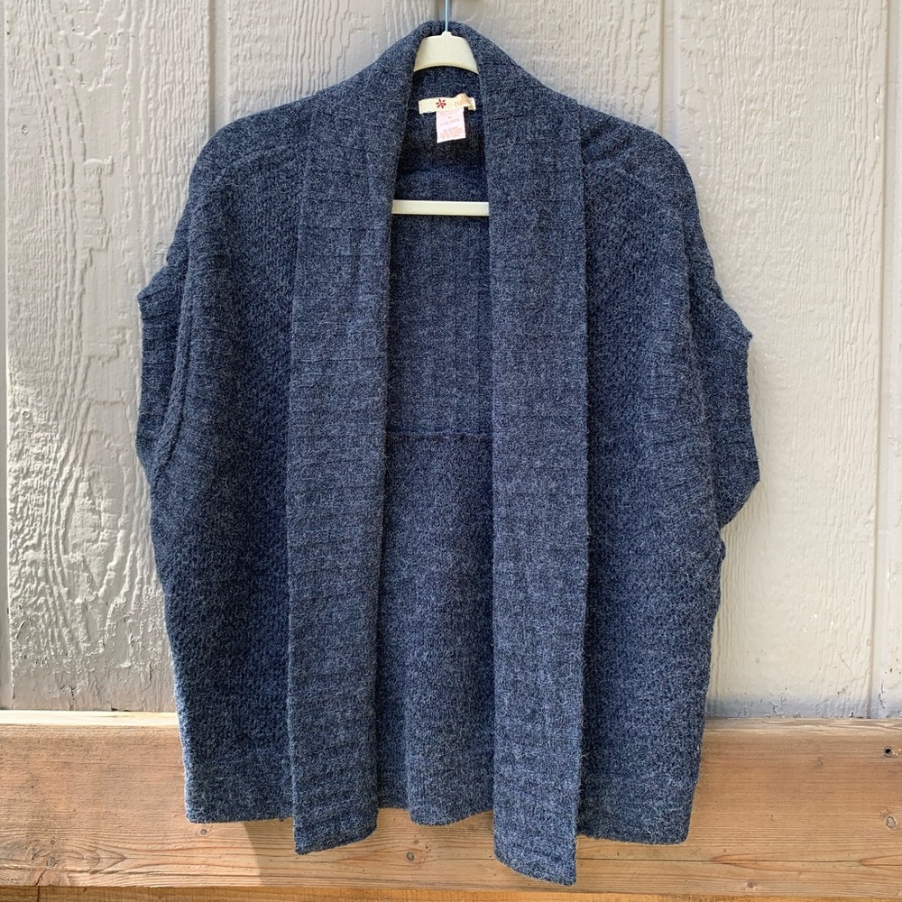 Tulle sleeveless ribbed chunky knit gray blue wrap open front cardigan sweater - Picture 8 of 11